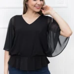 Polo Blusa Negro Manga Murciélago de Mujer Dressalis