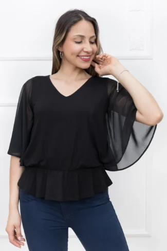 Polo Blusa Negro Manga Murciélago de Mujer Dressalis